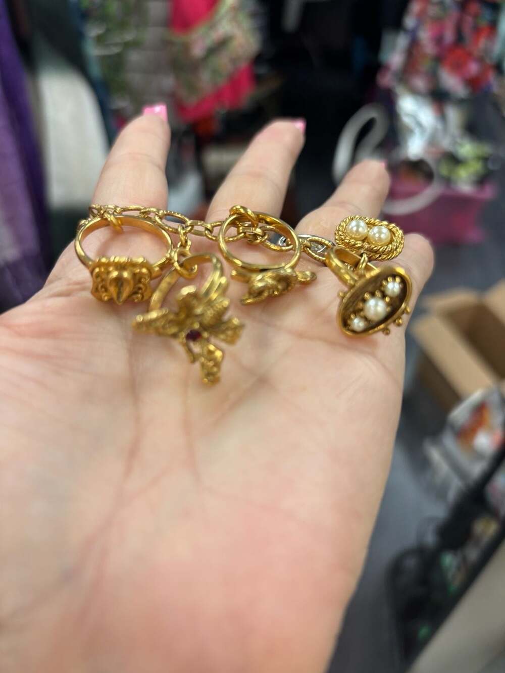 Kirks Folly Secret Of The Seven Angels Charm Bracelet Rings Gold Tone